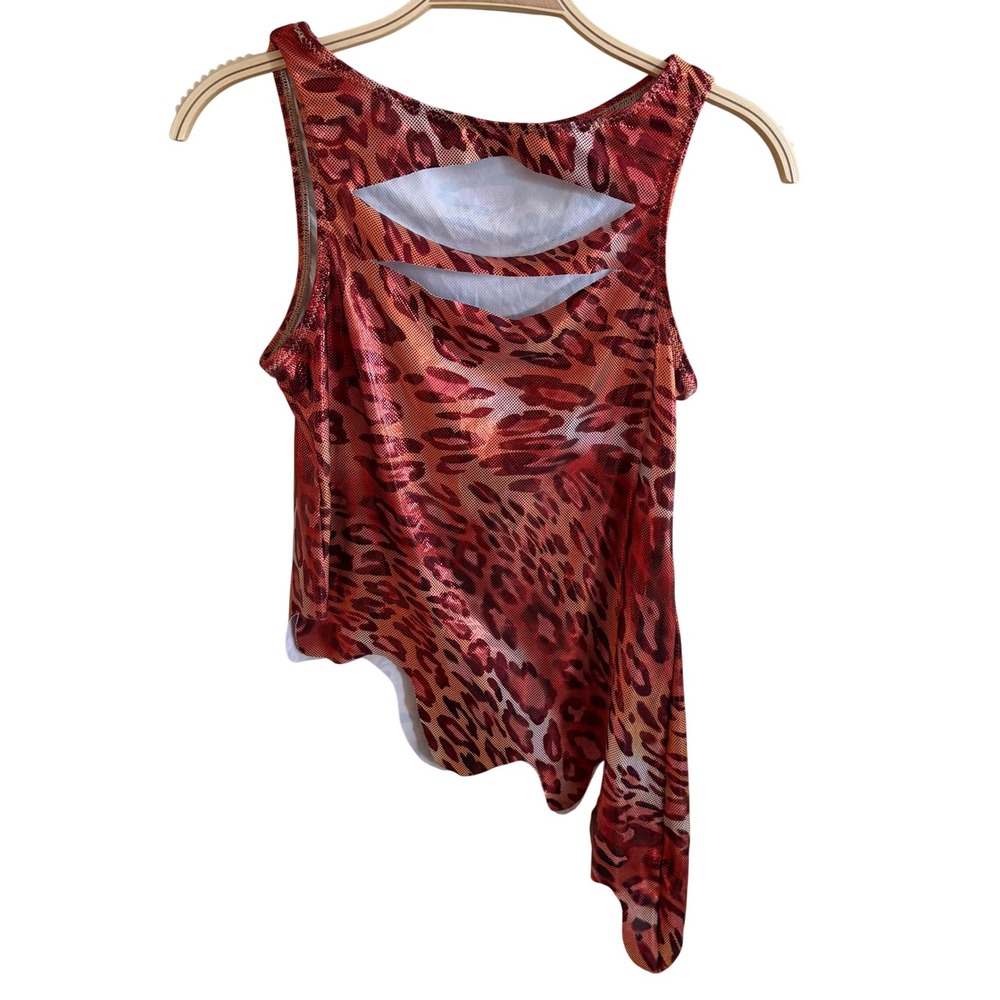 Curtain Call Costumes Red Leopard Metallic Asymmetrical Cut Out Tank Top J7742